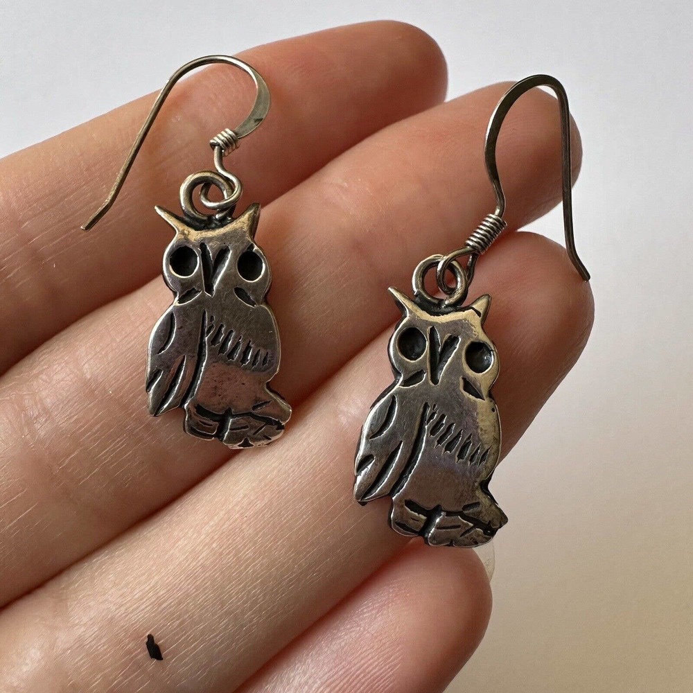 Vintage Sterling Silver Earrings Tassel With Owl Bird Hook